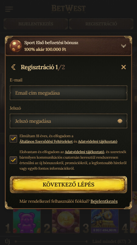 Betwest Sportfogadás regisztráció 1. lépés