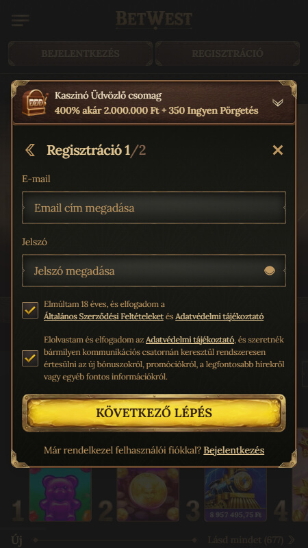 Betwest kaszinó regisztráció 1. lépés