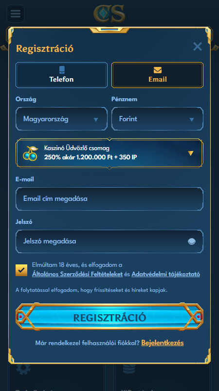 Casea casino registration step 1