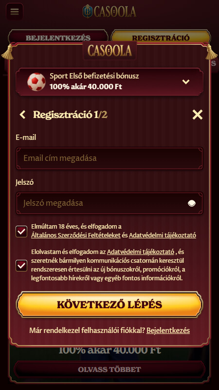 Casoola sport regisztráció 1. lépés