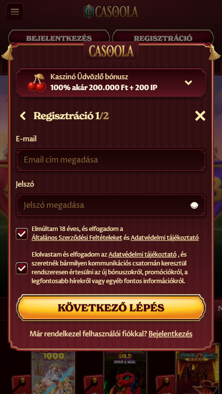 Casoola kaszino regisztráció 1. lépés