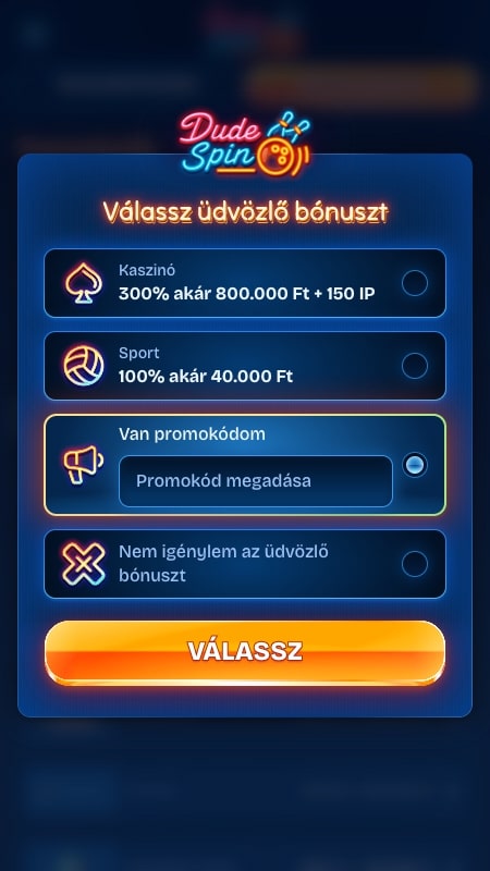 DudeSpin regisztrációs folyamat: Üdvözlő bónusz kiválasztása