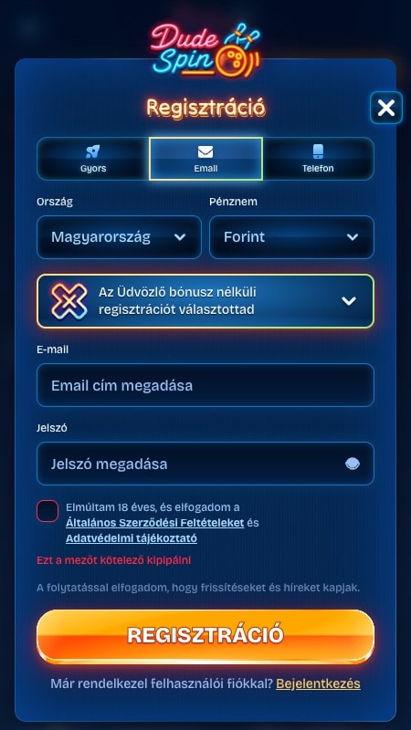 DudeSpin regisztrációs folyamat: Személyes adatok megadása
