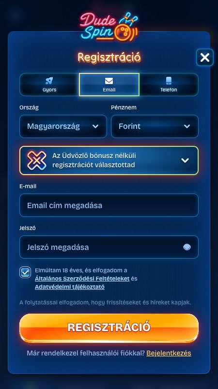 DudeSpin regisztrációs folyamat: Általános szerződési feltételek elfogadása