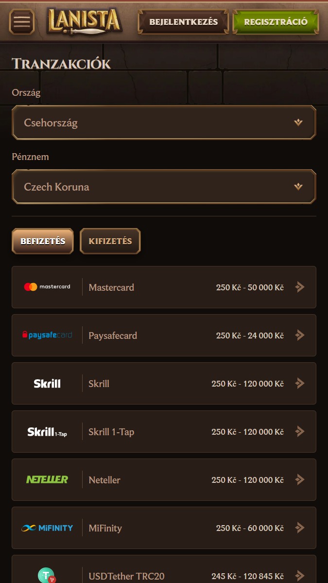 Lanista befizetések és kifizetések
