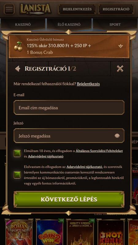 Regisztráció a Lanistán Casino: 2. lépés