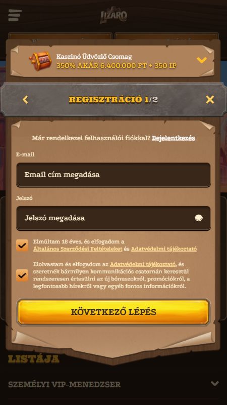 Fiók létrehozása a Lizaro n