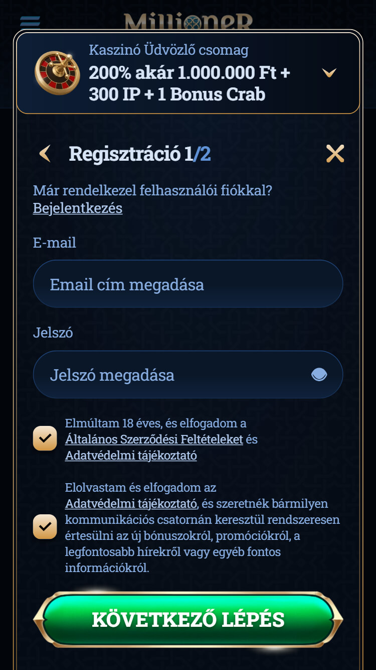 Millioner kaszino registraciok