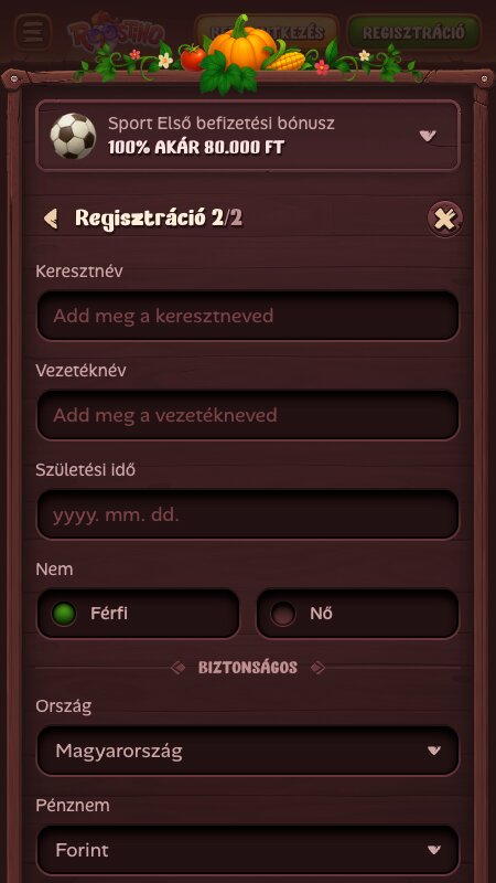 Roostino regisztrációs folyamat: Személyes adatok megadása