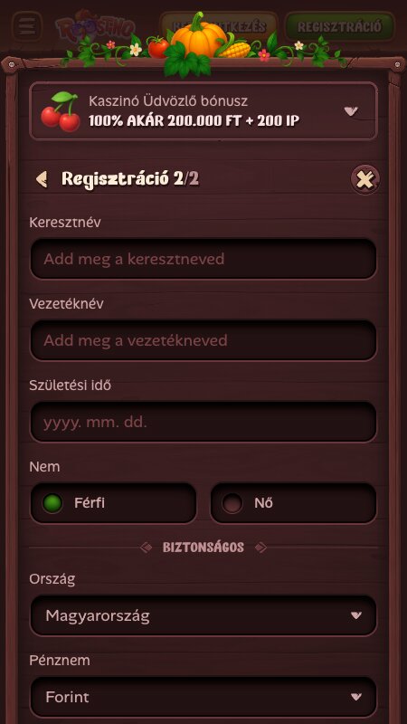 Roostino regisztrációs folyamat: Személyes adatok megadása