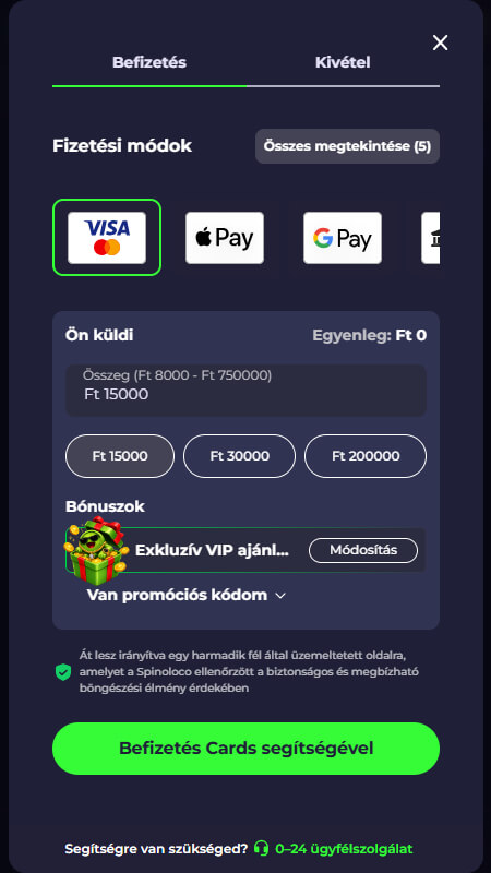 Spinoloco fizetési módok