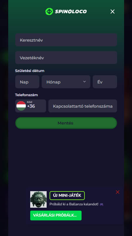 Spinoloco regisztráció 2. lépés