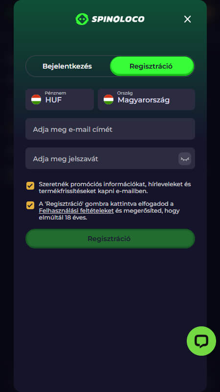Spinoloco regisztráció 1. lépés