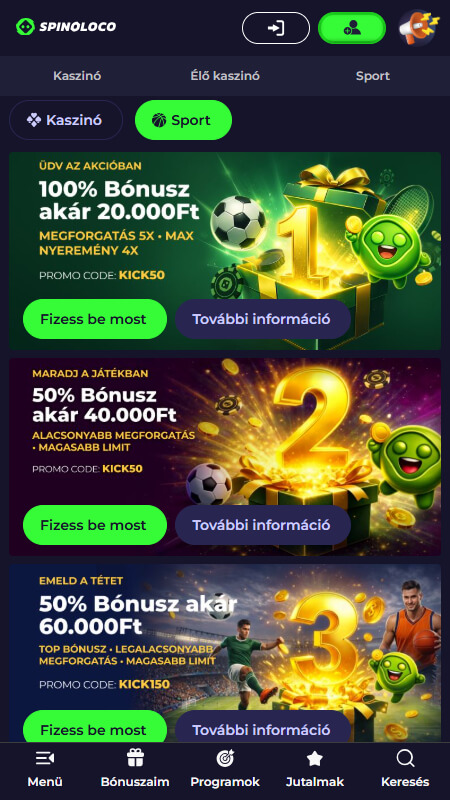 Spinoloco sportfogadás promóciók