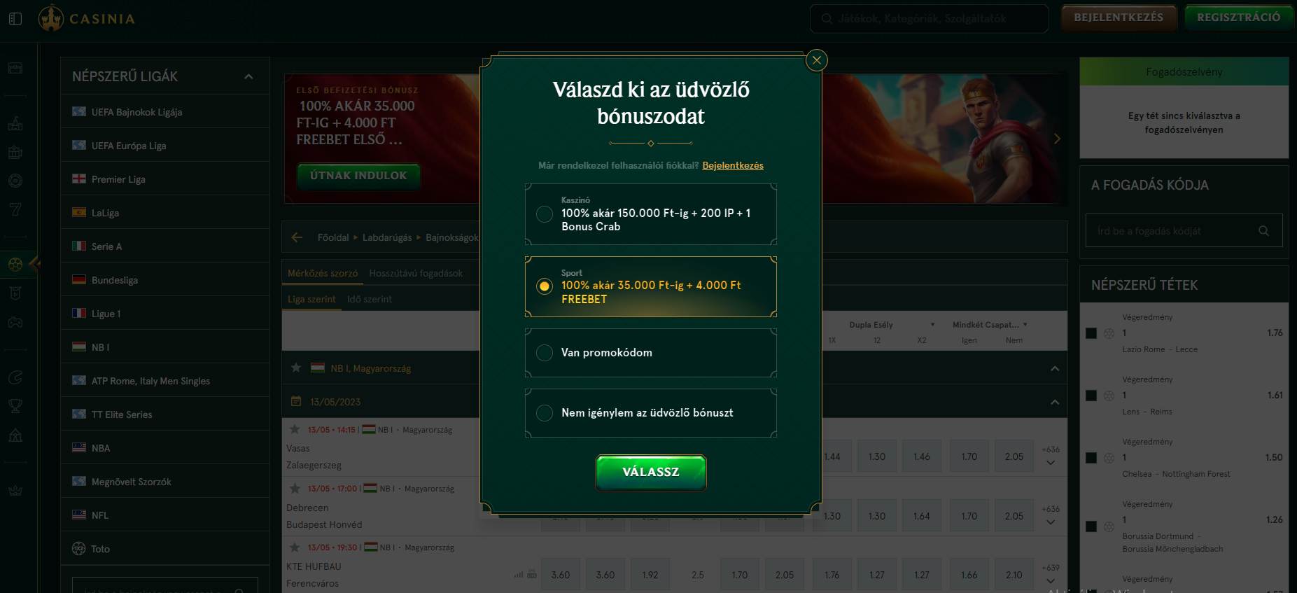 Casinia bónuszok