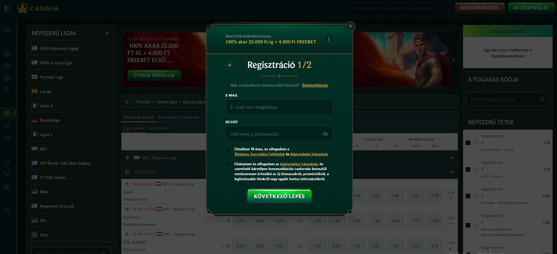 Casinia regisztráció