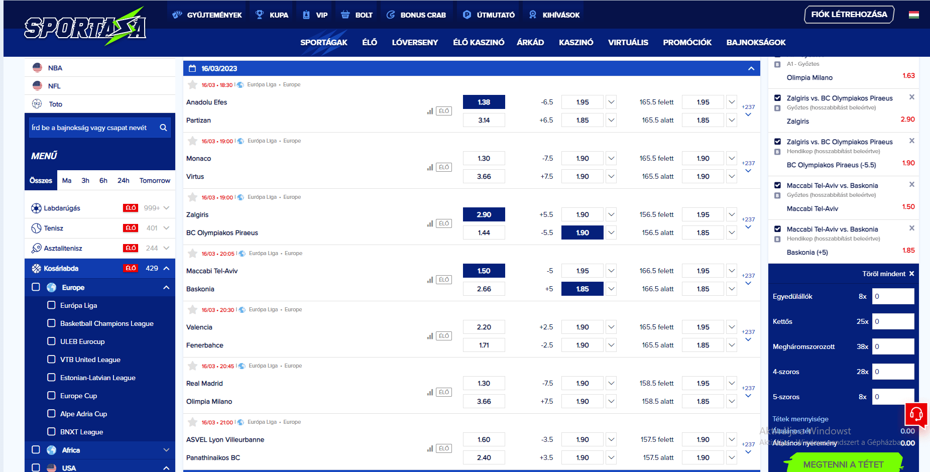 Sportaza Kosárlabda fogadási online