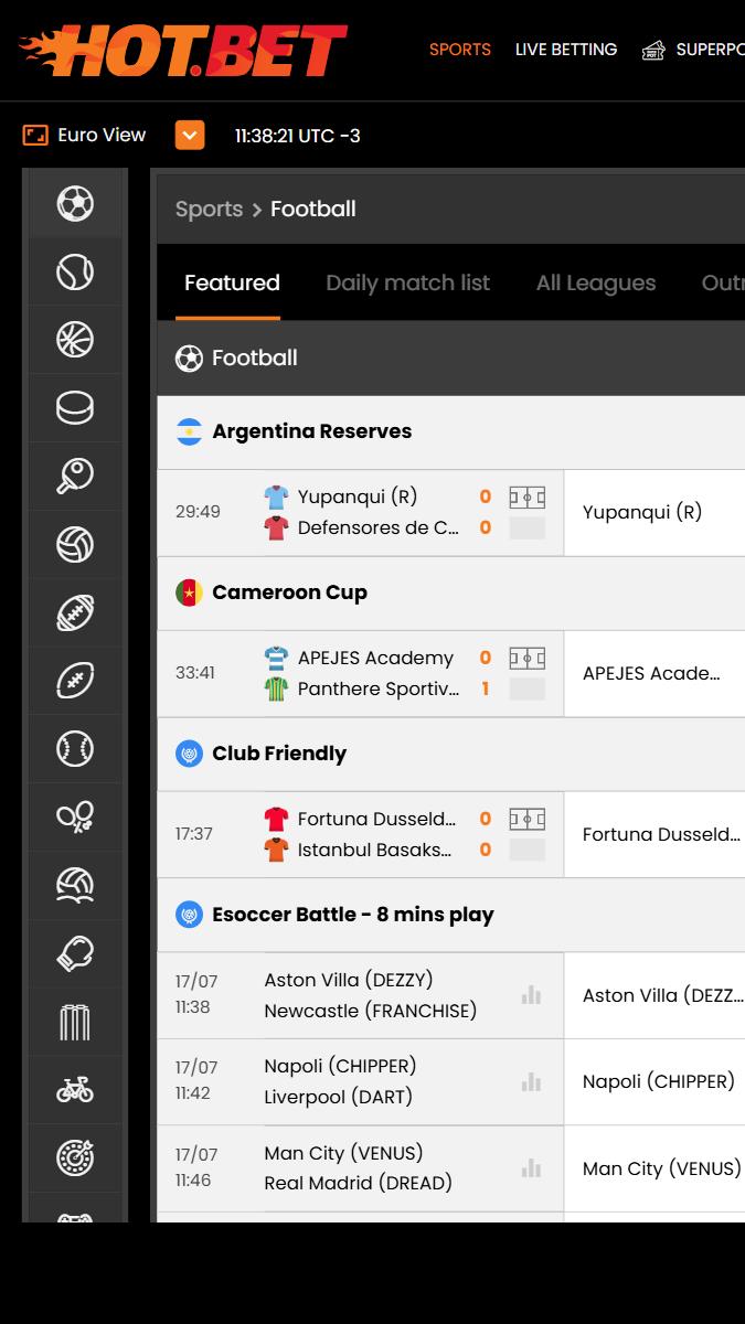 Hotbet Mobile Soccer Page