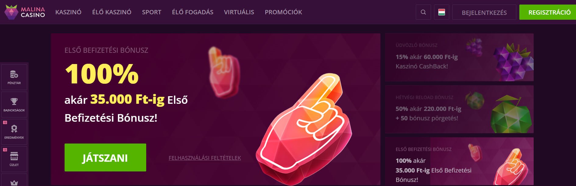 Üdvözlő bónusz Malina Casino