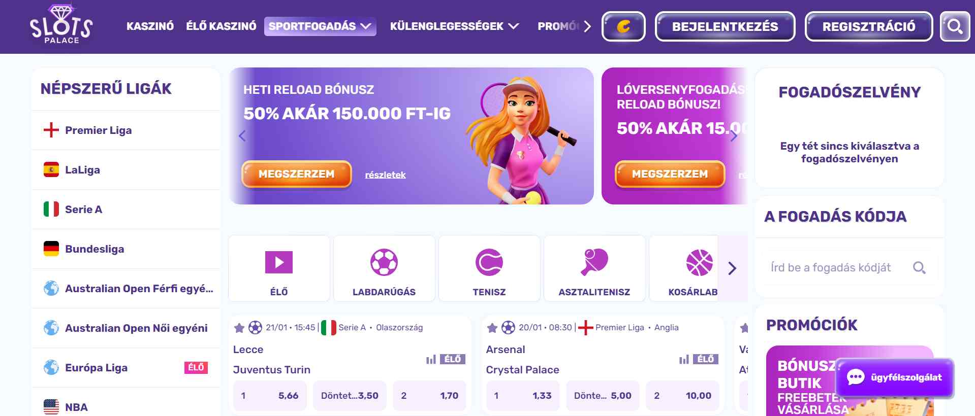 Sportfogadás a Slots Palace-nál
