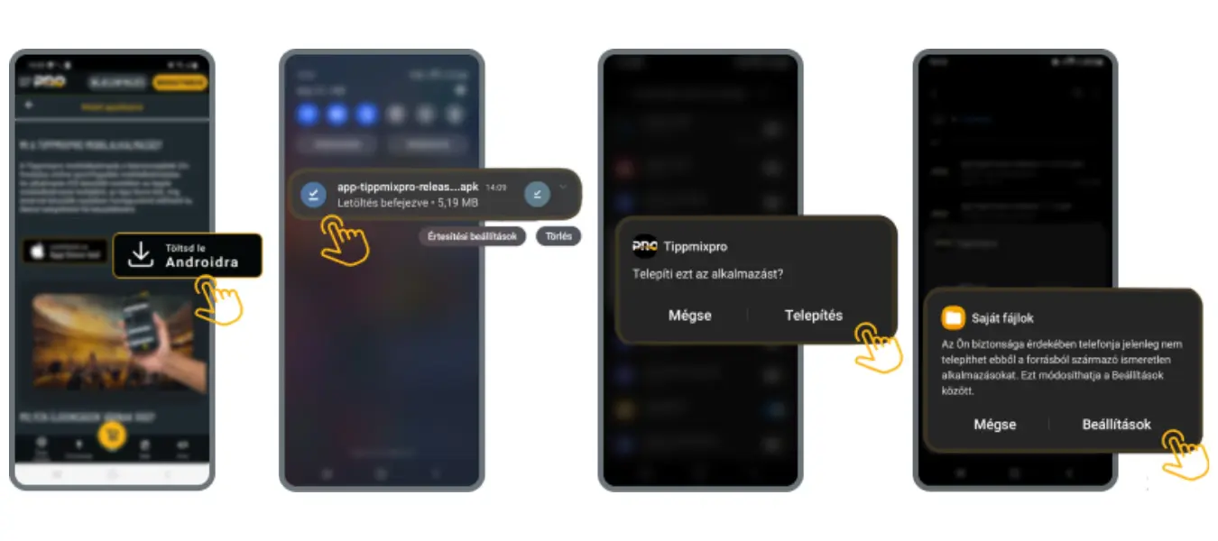 Képernyőkép a Tippmixpro mobil alkalmazás letöltési folyamatáról Android eszközön