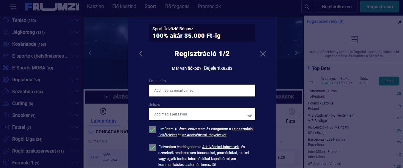 Frumzi bukméker Regisztráció, sportfogadasok.net