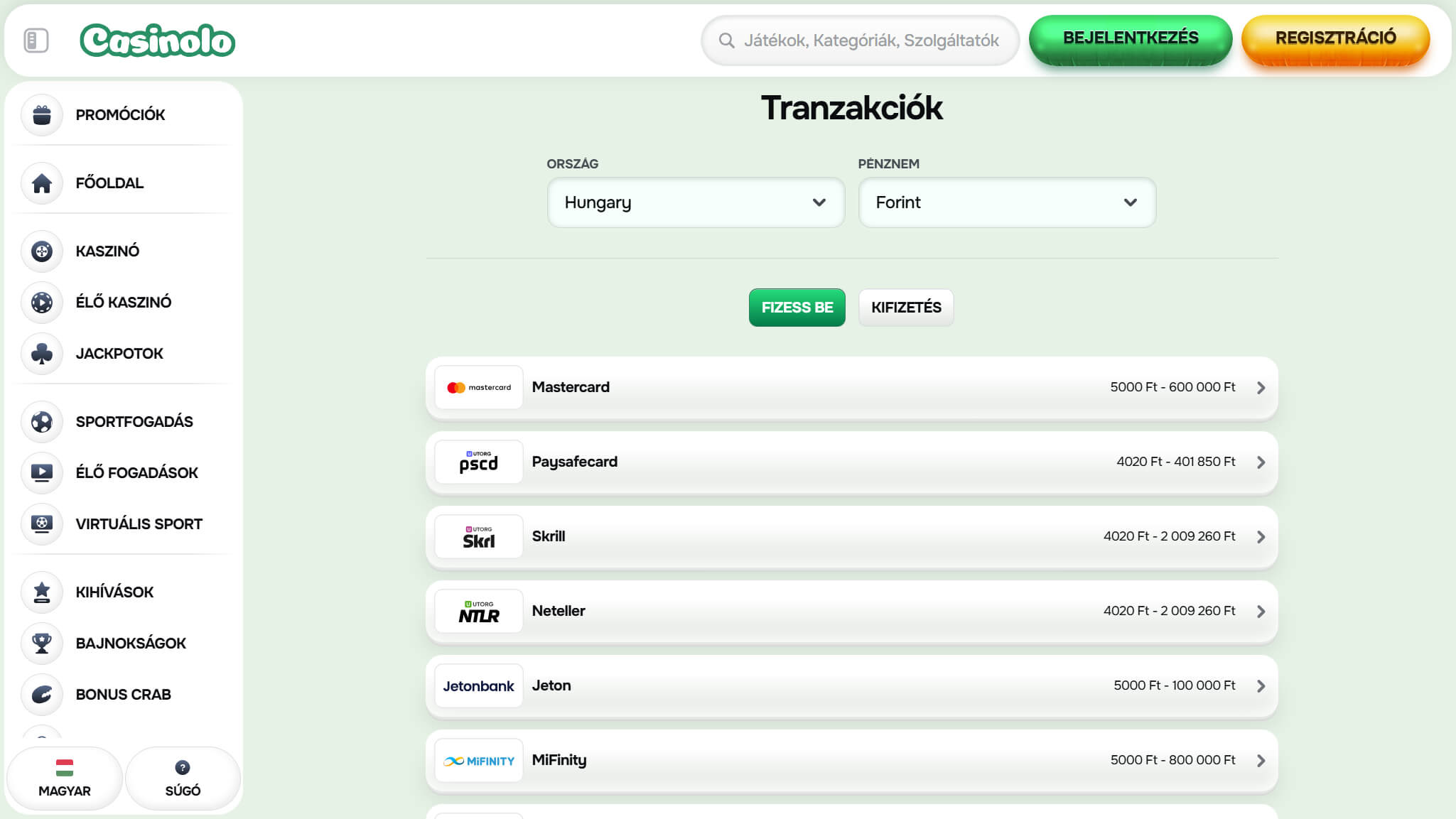 Casinolo Payments Hungary, sportfogadasok.net