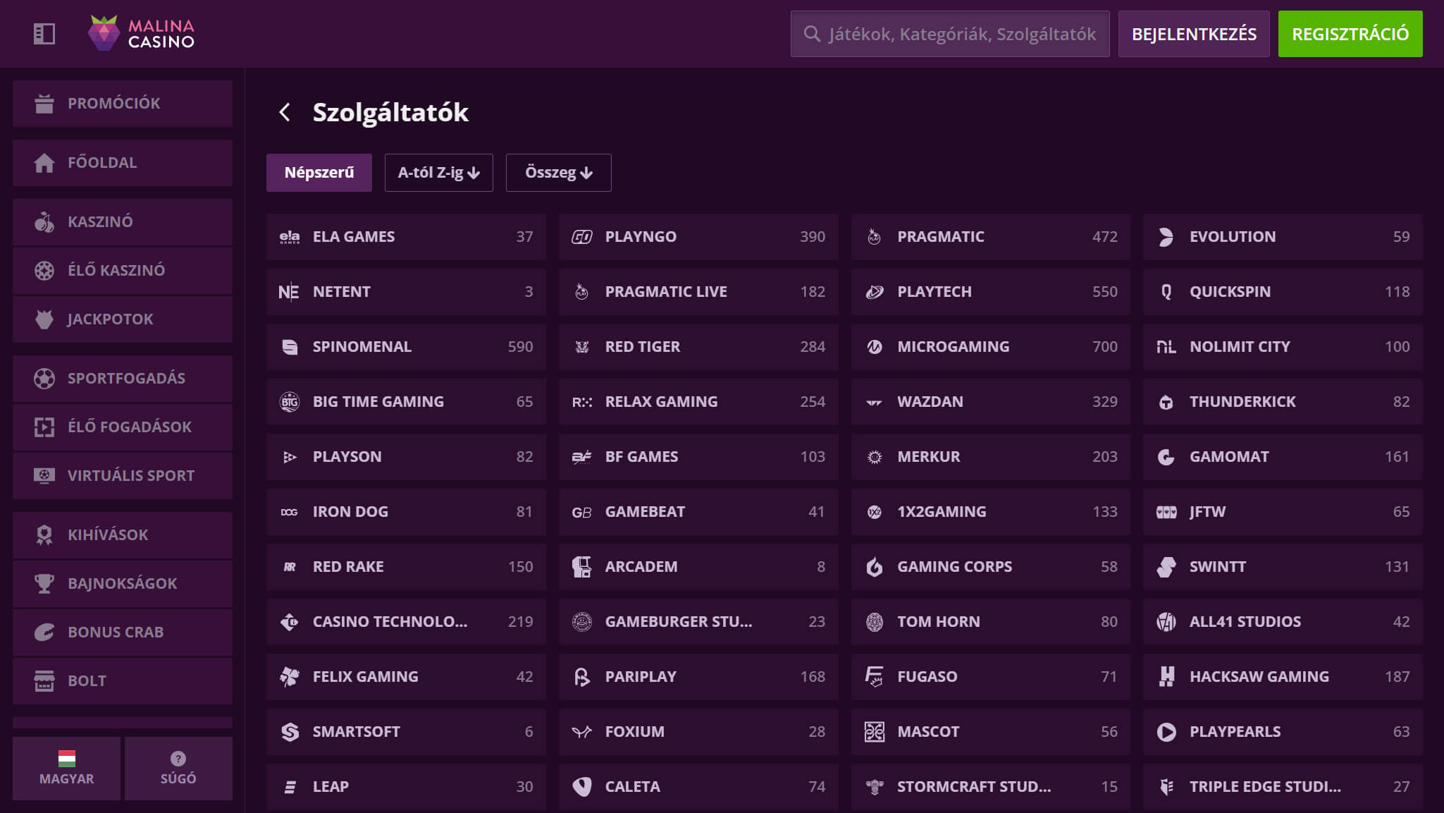Malina Casino Providers Hungary, sportfogadasok.net