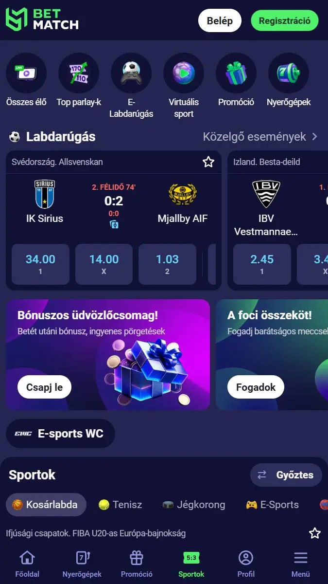 Betmatch mobil sportfogadás képernyőkép