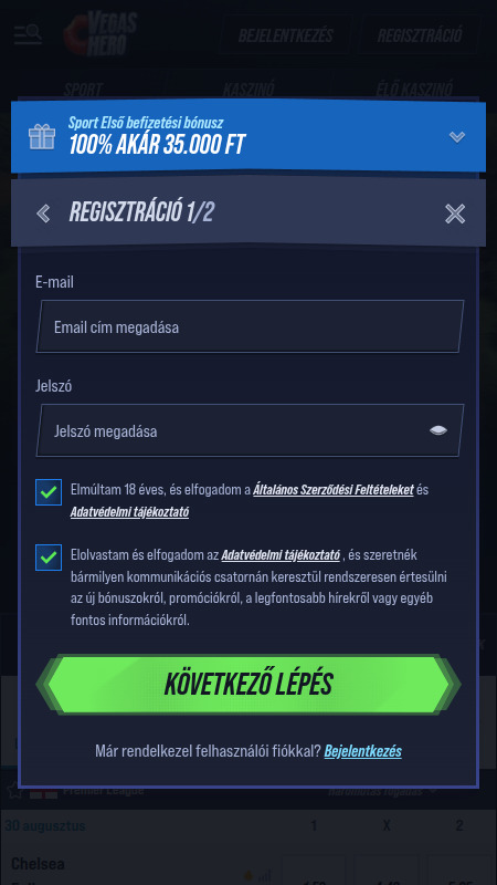 Fiók létrehozása a VegasHeron