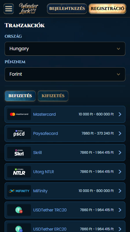 Wonderluck payment options for players from Hungary
