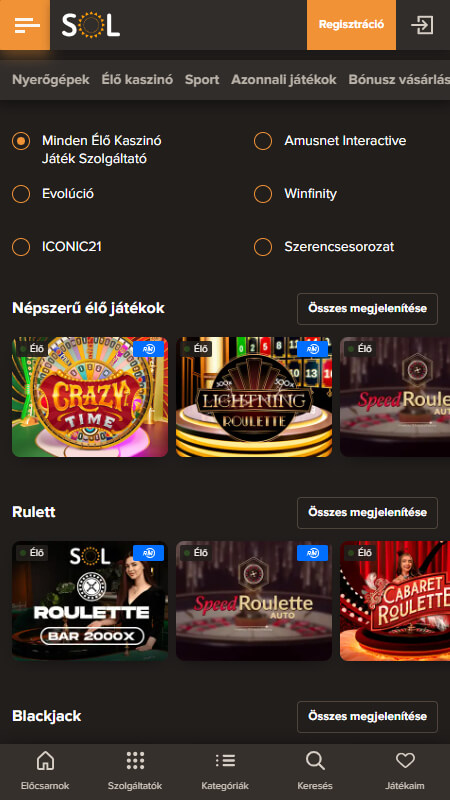 SOL Casino live games