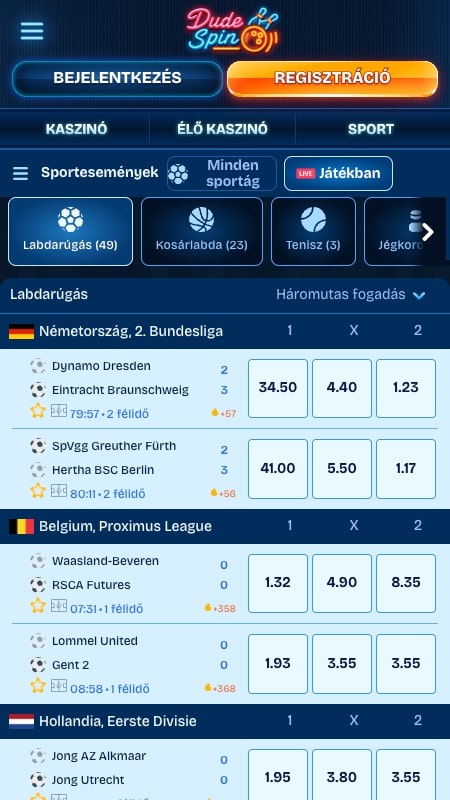 DudeSpin élő fogadási felület