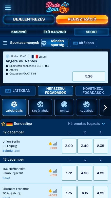 DudeSpin sportfogadási felület
