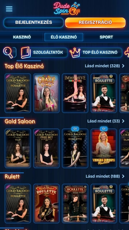 DudeSpin élő kaszinó felület