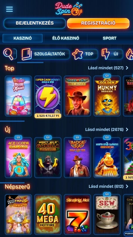 DudeSpin kaszinó felület