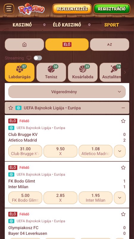 Roostino élő fogadási felület