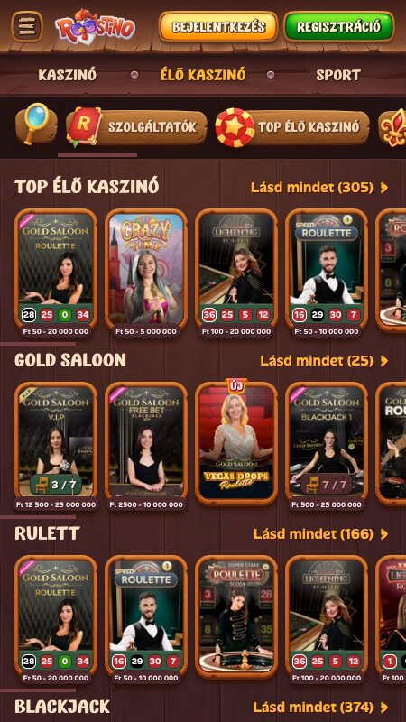 Roostino élő kaszinó felület