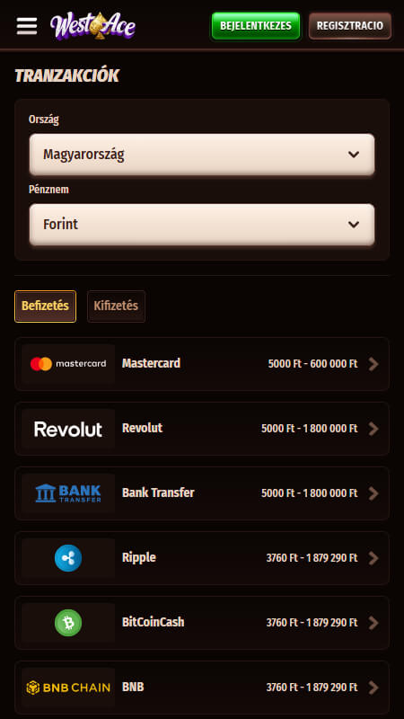 WestAce befizetési módok