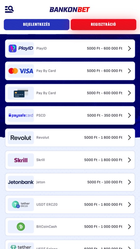 Bankonbet Fizetési módok