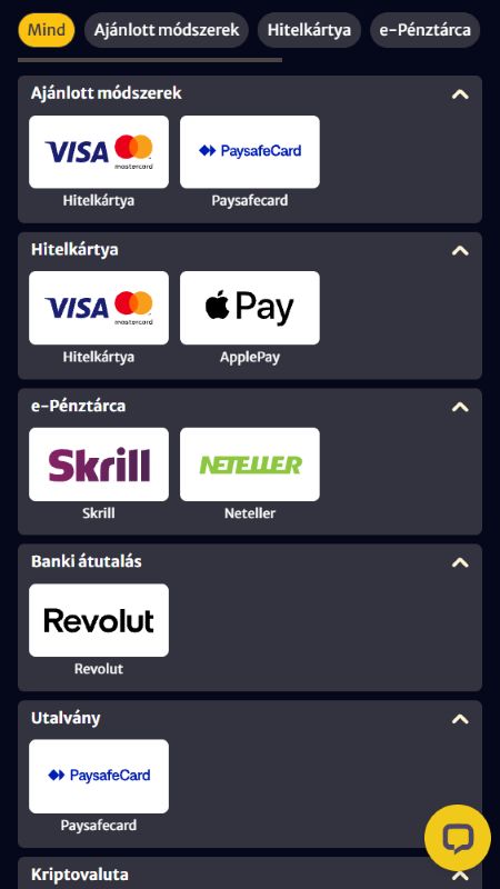 Fizetési módok szakasz a Hellspinn