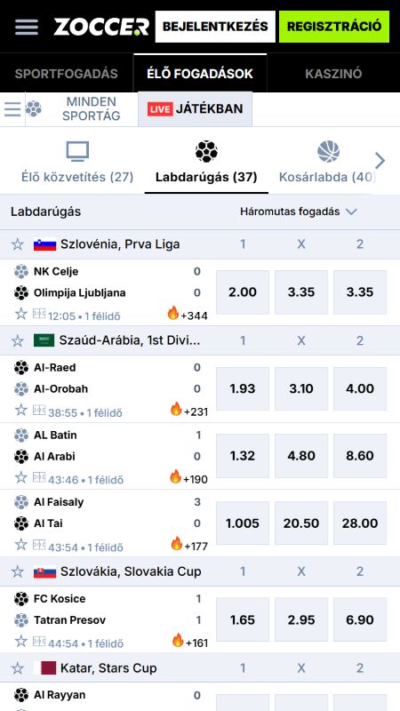 Zoccer felületén az élő fogadás