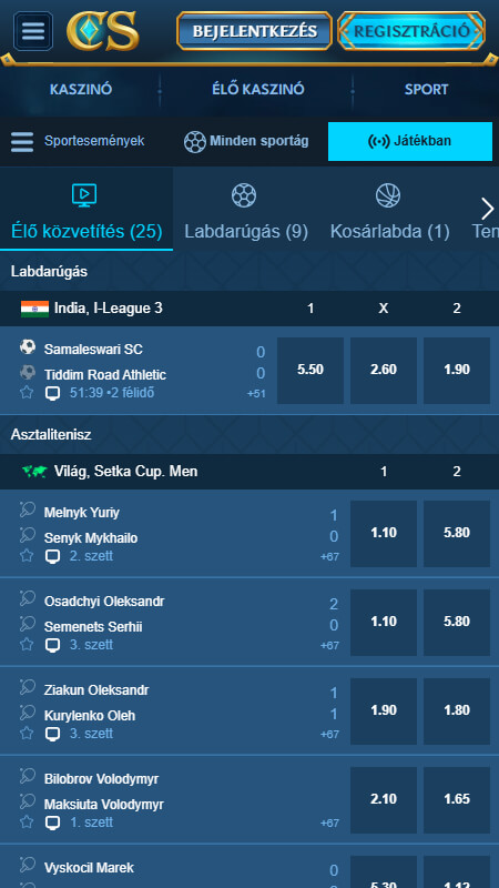 Casea bukméker Élő fogadás