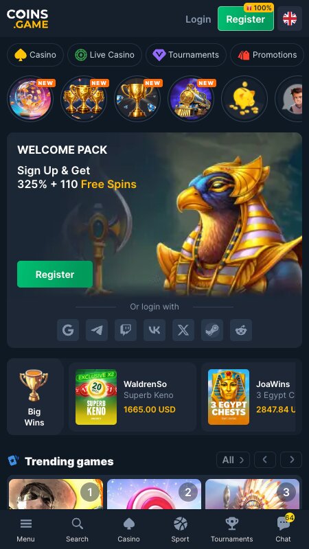 Coins.Game fogadóiroda kezdőlapja